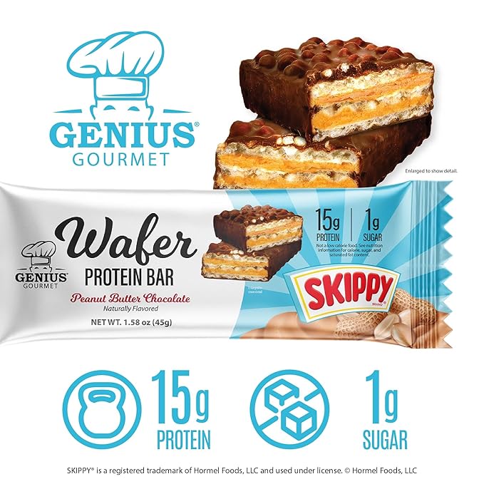 Genius Gourmet SKIPPY® Peanut Butter Chocolate Flavored Wafer Protein Bars15g Protein per serving (30% DV) 1g Sugar Chocolatey Snack Bar – 10 Count