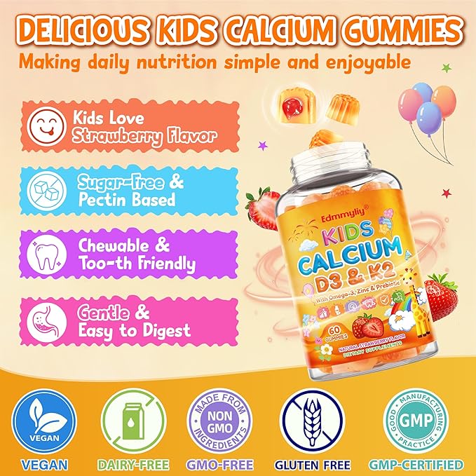 Kids Calcium Gummies with Vitamin D3 K2 - Calcium Citrate with Magnesium Zinc Omega-3 and Probiotics for Kids Bone Health Digestive &amp Development Support - Sugar Free Gummies Non-GMO Vegan