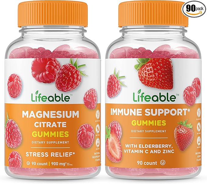 Lifeable Magnesium + Immune Support Gummies Bundle - Great Tasting Vitamin Supplement Gluten Free GMO Free Chewable Gummy