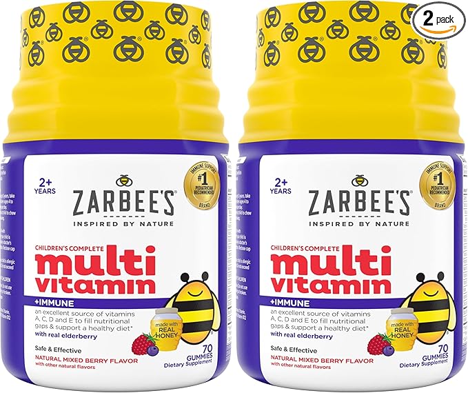 Zarbee's Complete Kids Multivitamin Gummies + Immune Support Berry Flavor Honey-Sweetened Gluten-Free &amp Gelatin-Free Vitamins A C D3 E B6 B12 Folic Acid &amp B-Complex 70 Count (Pack o