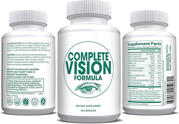 Pure Eye Health Vitamin &amp Mineral Supplements for Adults | #1 Complete Research Vision Formula w/Bilberry Lutein Zeaxanthin Lycopene Resveratrol | Supports Eye Strain Dry Eyes 60 Capsules