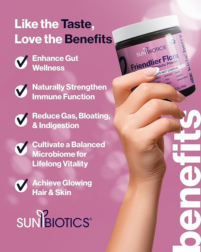 SUNBIOTICS Friendlier Flora - Kids Prebiotic and Probiotic Powder Supplement with 5 Billion CFUs of 5 Probiotic Strains for Good Gut Flora Immune System &amp Balanced Microbiome - Berry 2 Ounce