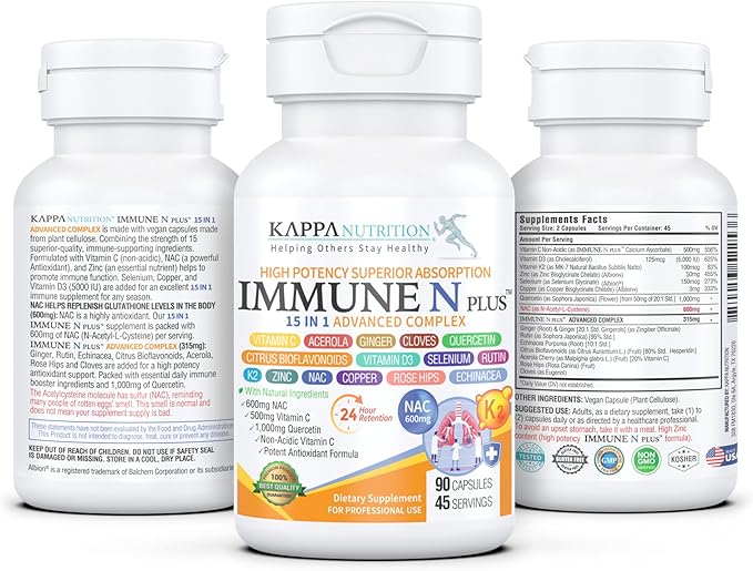 (90 Capsules) NAC 600mg Quercetin 1000mg Vitamin C 500mg Zinc 50mg Vitamin D3 5000iu Selenium Copper Acerola Ginger Rutin Citrus Bioflavonoids Rose Hips Echinacea Immune N Plus 15 in 1