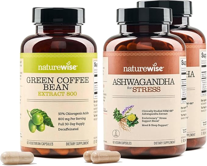 NatureWise [1] Green Coffee Bean Extract - Vegan Non-GMO - 60 Capsules[30-Day Supply] + (Pack of 2) Ashwagandha for Stress + GABA &amp L-Theanine - 60 Capsules[30-Day Supply]