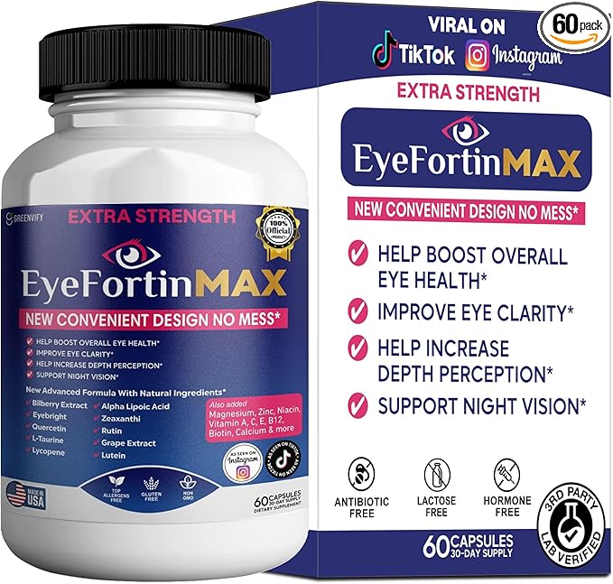 EyeFortin MAX Eye Health Supplement 60 Capsules Extra Strength with Lutein Vitamins A C E B12 Bilberry Extract 30 Day Supply (1)