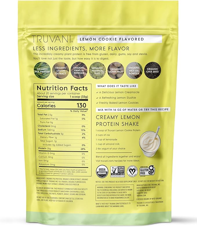 Truvani Vegan Pea Protein Powder | Lemon Cookie | 20g Organic Plant Based Protein | 20 Servings | Keto | Gluten &amp Dairy Free | Low Carb | No Added Sugar