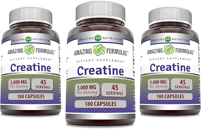 Amazing Formulas Creatine Monohydrate 3000 Mg Per Serving Capsules Supplement | Non-GMO | Gluten Free | Made in USA (180 Count | 3 Pack)