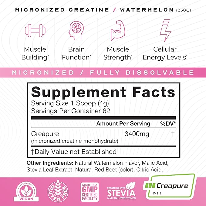 Muscle Feast Creapure - Micronized Creatine Monohydrate Powder | Premium Pre-Workout or Post-Workout | Flavored Creatine for Women &amp Men | Easy to Mix Gluten-Free Safe and Pure (Watermelon 250