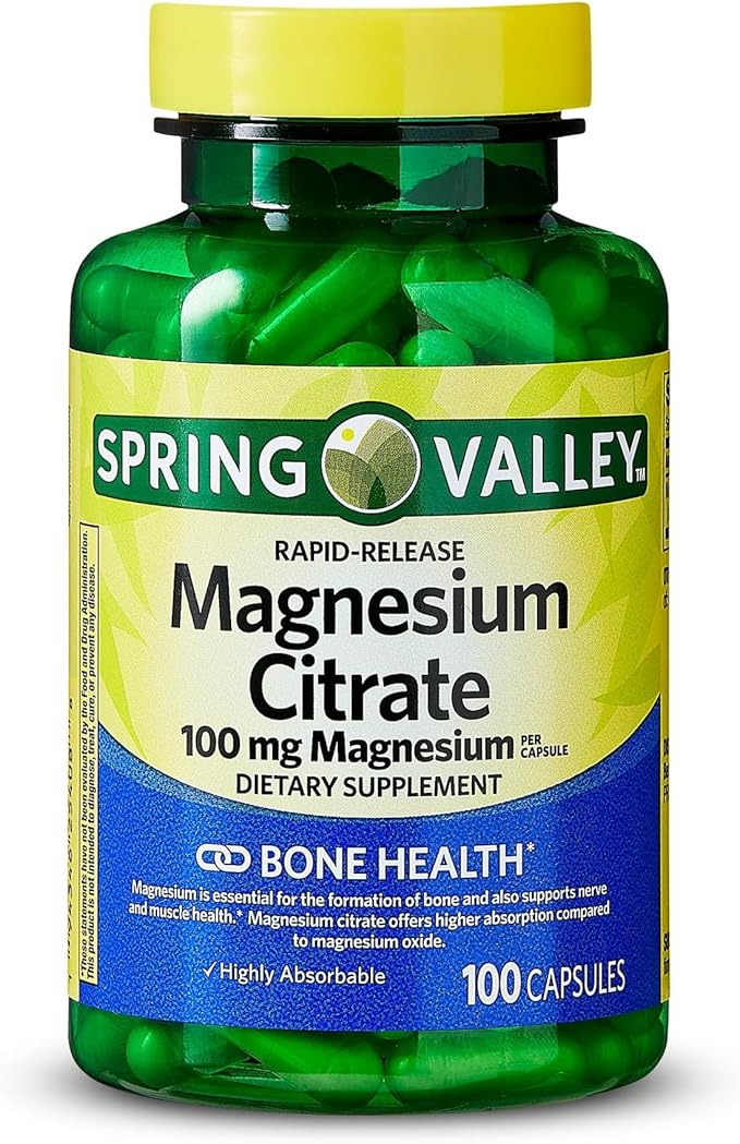 Spring Valley Magnesium Citrate | Citrato de Magnesio 100mg Capsules | Best Magnesium Supplement for Women | Magnesium Pill | 100 mg 100 Capsules - Set by Basket Goods