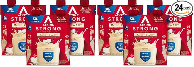 Atkins Strong High Protein ShakeVanilla Flavored30g ProteinLow Carb and Low Sugar ShakeKeto FriendlyGluten FreeMuscle and Gut Health Support Complex(Pack of 24)
