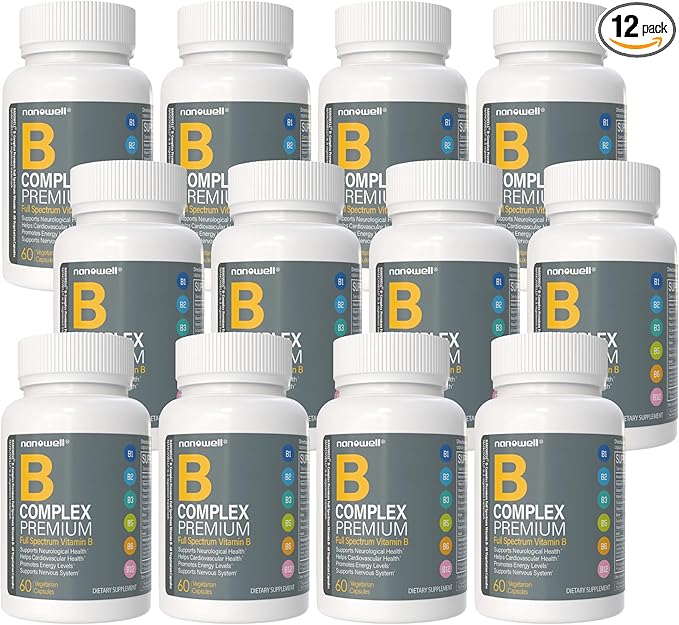 NANOWELL B Complex Premium(12BOXES) - Full Spectrum of B Vitamins for Energy Heart &amp Immune Support - B-Complex Supplement with Adaptogens - 60 Capsules 60-Day Supply X12