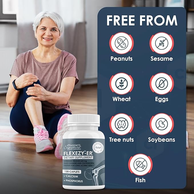 Rawleigh Flexezy-ER: 120 Caplets High Strength Glucosamine &amp Chondroitin Sulfate Blend Calcium &amp Phosphorous 24-Hour Extended Release Bone &amp Joint Health Supplement. Non-GMOGluten Fre