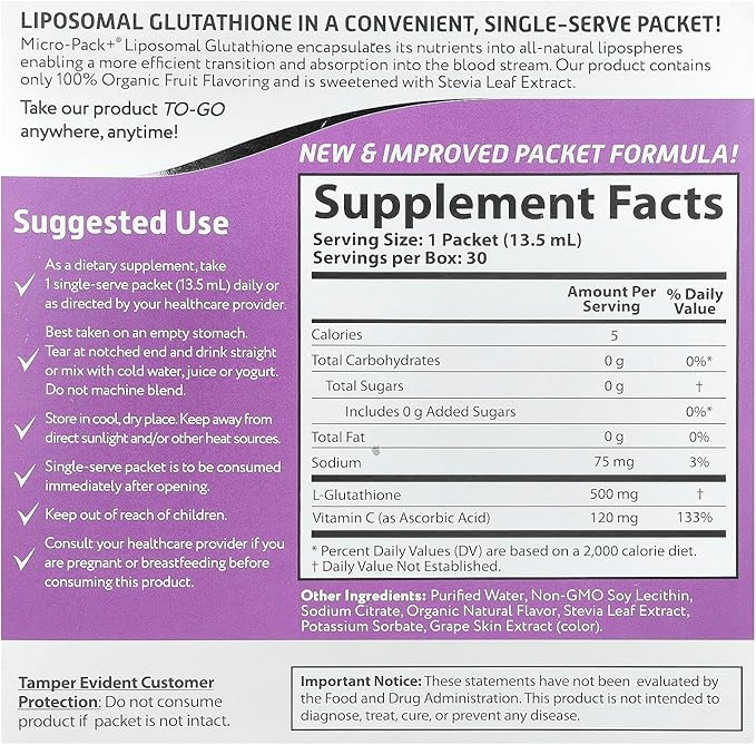 Aurora Nutrascience Micro-Pack Liposomal Glutathione Immune System Support Antioxidant 500 mg per Serving (10mL) 30 Single-Serve Packets Gluten Free Non-GMO Sugar-Free 10 fl oz (300mL)