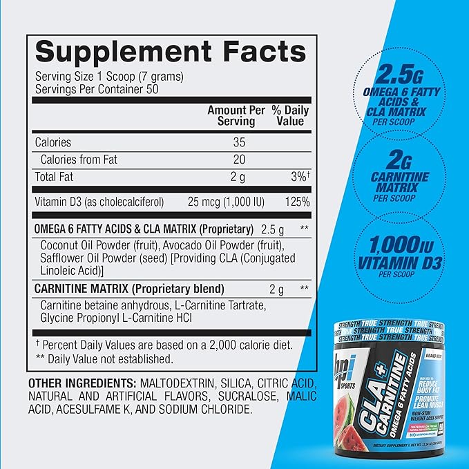 BPI Sports CLA+Carnitine – CLA L Carnitine &amp Linoleic Acid – L Carnitine Supplement for Weight Loss Metabolism &amp Lean Muscle – Caffeine Free – Watermelon Freeze – 50 Servings – 12.34 oz