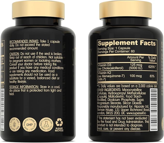 SuperSelf Vitamin D3 K2 Capsules - Vitamin D3 5000 IU and Vitamin K MK7 100mcg - 60 Capsules - USA Made Vegetarian Vitamin D Supplement - High Strength VIT D for Bones Muscle Teeth Immune System