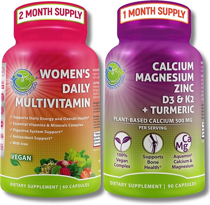 SUPPLEMENTS STUDIO Comprehensive Wellness &amp Bone Health Bundle - Women's Daily Multivitamin with Iron + Plant-Based Calcium Magnesium Zinc D3 K2 &amp Turmeric - Vegan Non-GMO Clean Ingredie