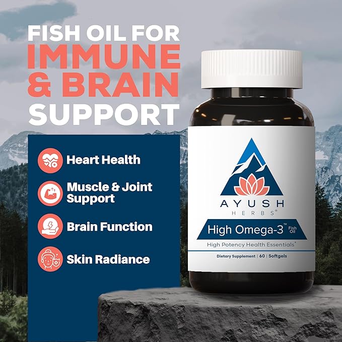 Ayush Herbs High Omega 3 - Omega 3 Fish Oil 1000mg Per Capsule EPA &amp DHA Fish Oil Supplement for Women &amp Men Natural Lemon Flavor - 60 Softgel Capsules (1 Count)