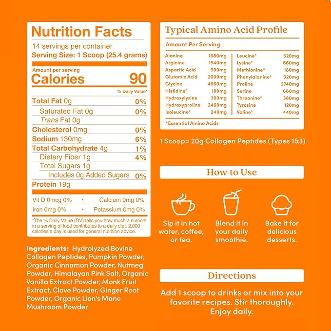Further Food Pumpkin Spice Collagen Peptides Powder with Lion’s Mane Mushroom – 100% Grass-Fed Hydrolyzed Type 1 &amp 3 20g of Collagen per Serving Supports Skin Hair Nails &amp Focus 9.88 Oz