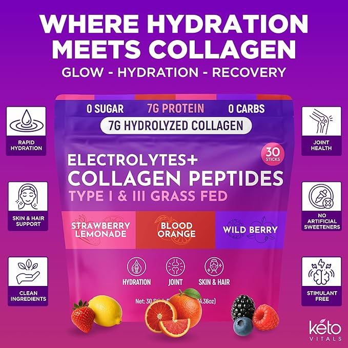 Keto Vitals Collagen Powder for Women Plus Electrolytes - 30 Travel Packets - 7.78G of Type I &amp III Grass Fed Hydrolyzed Collagen Peptides Protein Per Stick - Colageno Hidrolizado for Women
