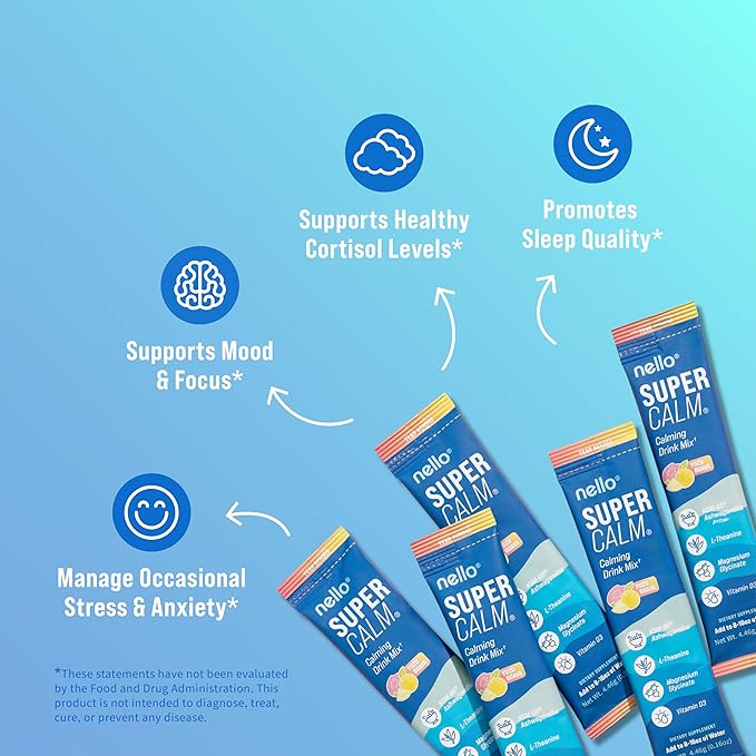 Nello Supercalm Powdered Drink Mix Cortisol Reducer* and Sleep Aid Supplement L Theanine Ksm-66 Ashwagandha Magnesium Glycinate Vitamin D 3 No Sugar Non GMO On The Go 20 Ct Yuzu Guava