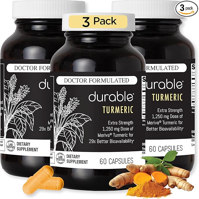 Durable Turmeric - 1250 mg Meriva Curcumin 29X More Absorption + Boswellia – Joint Comfort Mobility &amp Healthy Inflammation – Doctor Formulated Vegan Non-GMO Made in USA (180 Capsules)