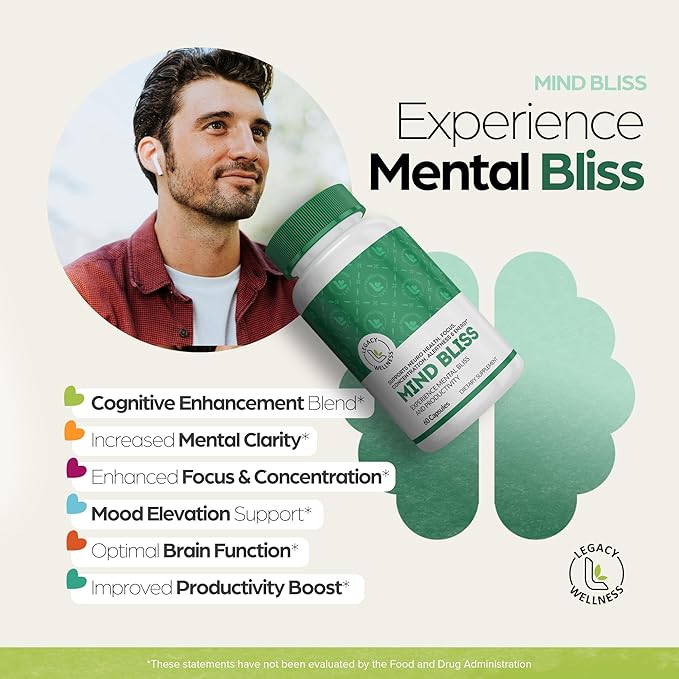 Mind Bliss Brain Supplement: 40-Ingredient Memory Focus &amp Clarity Vitamins Energy Boost &amp Nootropic Support with DMAE 60 Pills