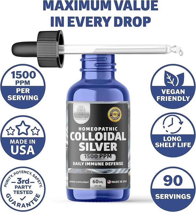 Premium Immune Defense Liquid Drops Supplement Homeopathic High-Grade Mild Silver Protein 1500PPM 4 FL OZ