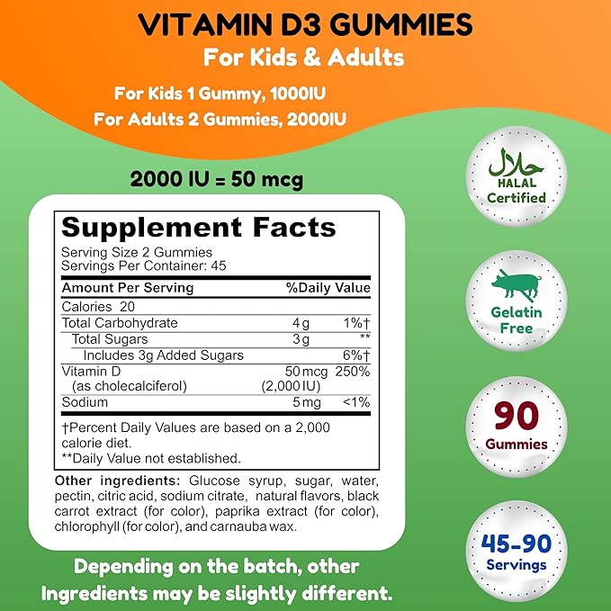 SHIFAA NUTRITION Vegetarian Vitamin D3 Gummies for Adults &amp Kids | 45-90 Servings 2000IU / 1000IU | Non-GMO Gluten-Free Gelatin-Free | Supports Bones Muscles &amp Immune System Halal Vitami