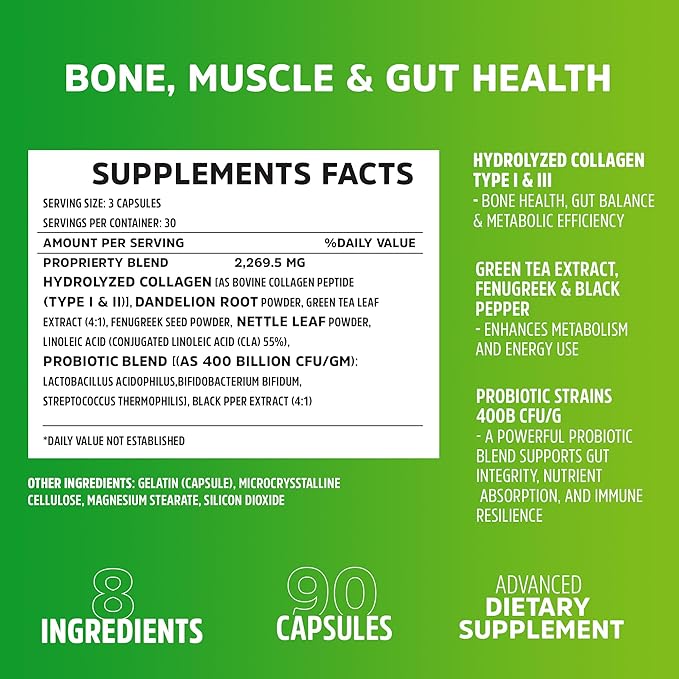 Dr. Zisman ZTRONG Advanced Collagen Supplement – Hydrolyzed Collagen Types I &amp III 400 Billion CFU Probiotic Blend Supports Bone Health Joint Function Metabolic Efficiency – 90 Capsules