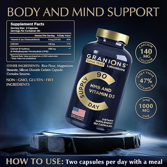 Vitamin D3 HMB Supplements for Men and Women - 1000 MG Calcium beta-Hydroxy beta-methylbutyrate per Serving - Daily Nutritional Support for Muscle Function and Bone Health - 3-Month Supply 360 Caps
