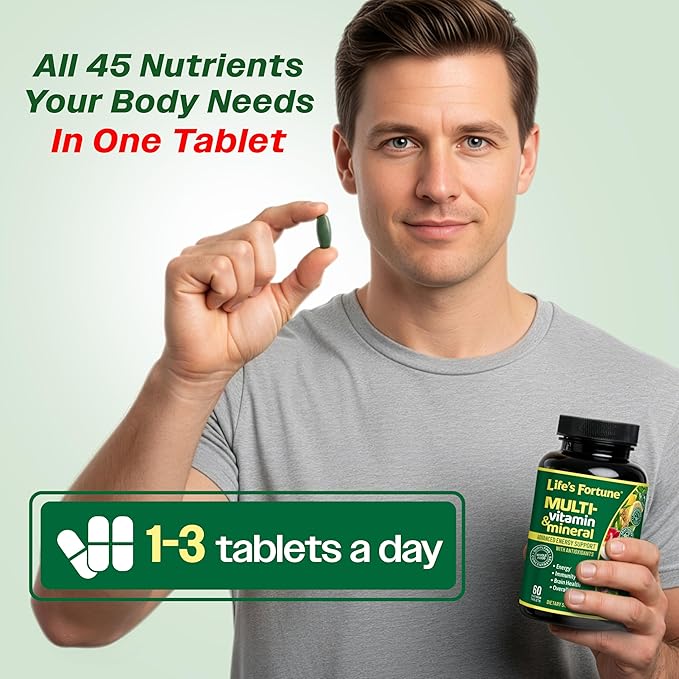 Life's Fortune Whole Food Multivitamin &amp Mineral Supplement for Men &amp Women | Daily Energy Support Vitamins | Immune Brain &amp Metabolism Support | Iron Free 60 Vegetarian Tablets