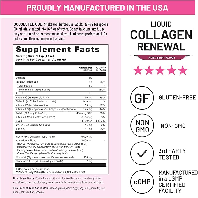 NatureWise Hydrolyzed Liquid Collagen for Women &amp Men 4000mg - Multi Collagen Peptides + Biotin + Vitamin C + Vitamin B Complex &amp Hyaluronic Acid - Mixed Berry - 15.22 fl oz[45 Day Supply]