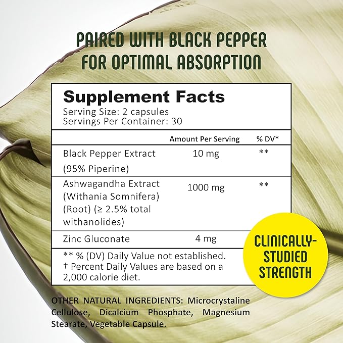 Ashwagandha Capsules with Black Pepper for Optimal Absorption – Clean Natural Vegan Non‑GMO – Stress Sleep Mood &amp Energy Support – Women’s Hormonal Balance – 60 Pills – Made in USA