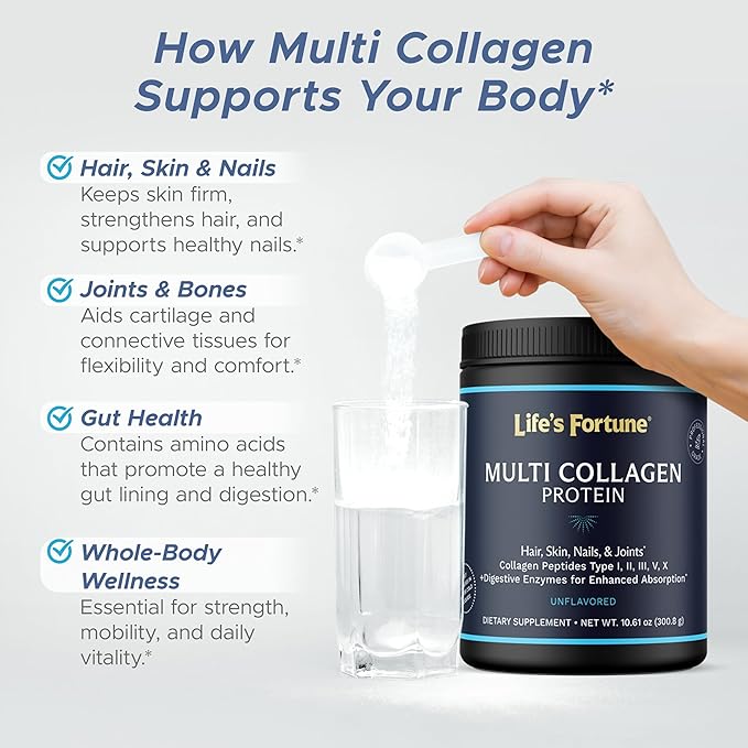 Life's Fortune Multi Collagen Peptides Powder Drink Plus for Women &amp Men - Type I II III V X Blend with Digestive Enzyme – for Skin Hair Nails Joints Health Unflavored 30 Servings