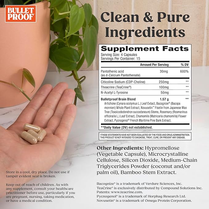 Bulletproof Clarity &amp Focus Capsules 60 Count Caffeine-Free Supplement to Promote Mental Clarity and Alertness