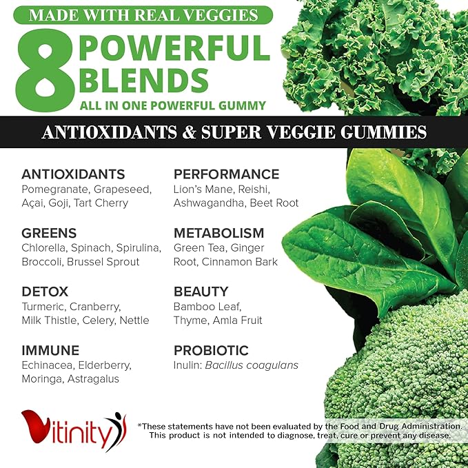 VITINITY Made with Real Fruit-Real Veggie Gummies-Superfood Vegetable Vitamin Supplement for WomenMenKids-Blend of Fruit and Greens for Daily Health.Fruits and Vegetables Supplements (30-Day Supply)