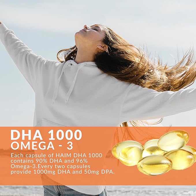 HAIM DHA 1000 Omega-3 Fish Oil - 90% Purity with 1000mg DHA 50mg DPA - High Potency Fish Oil Supplement for Brain Eye &amp Heart Support - Promotes Overall Wellness &amp Focus - 1 Box 60 Softgels