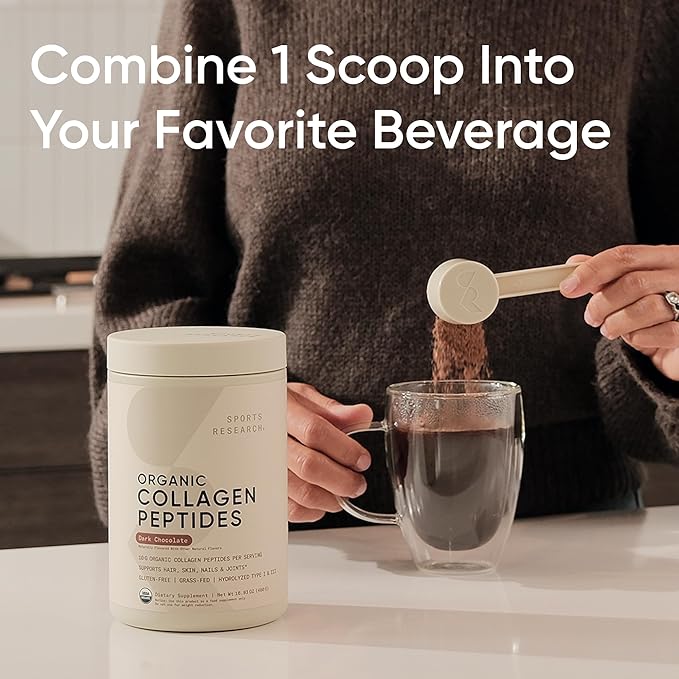 Sports Research Organic Collagen Peptides - Hydrolyzed Type I &amp III Collagen - Sustainable &amp Traceable Formula - Chocolate - 30 Servings