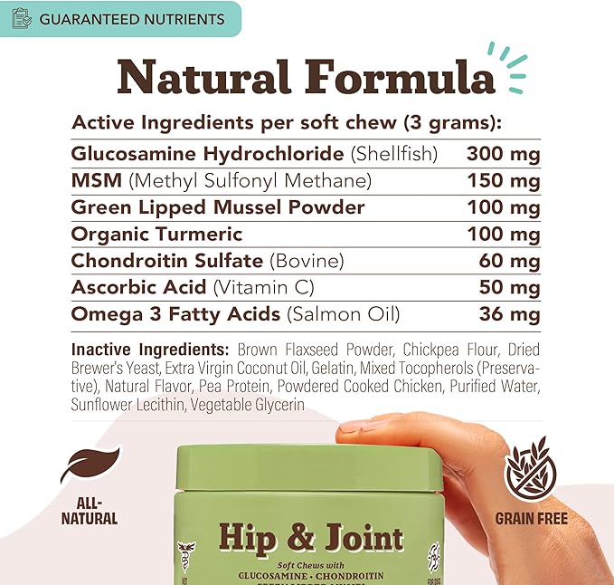 Natural Dog Company Hip &amp Joint Supplement Chew for Dogs – Supports Mobility Flexibility &amp Comfort Glucosamine Chondroitin MSM &amp Turmeric Chicken Flavor 90 Count