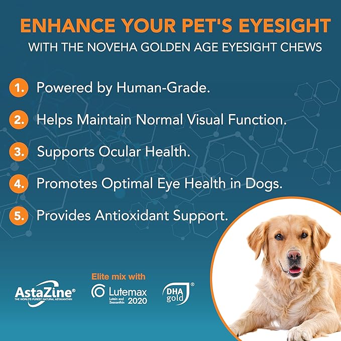 NOVEHA Eye Supplement for Dogs - Vision Support with Lutein + Vitamin C &amp Astaxanthin Antioxidants - Dog Vitamins for Eyes + Fish Oil for Omega 3 EPA - Made in USA - 90 Soft Chews (3 Pack)