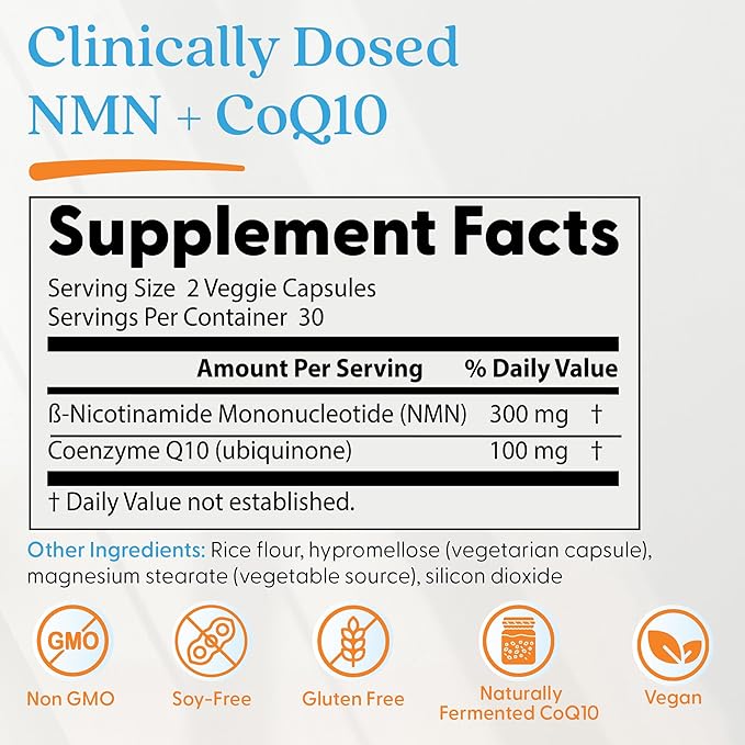 Doctor's Best NMN + CoQ10 Supplement for Women &amp Men - Supports NAD+ Production &amp Cellular Energy Beta Nicotinamide Mononucleotide 150 mg &amp Coenzyme Q10 50 mg per Capsule Vegan Non GMO-