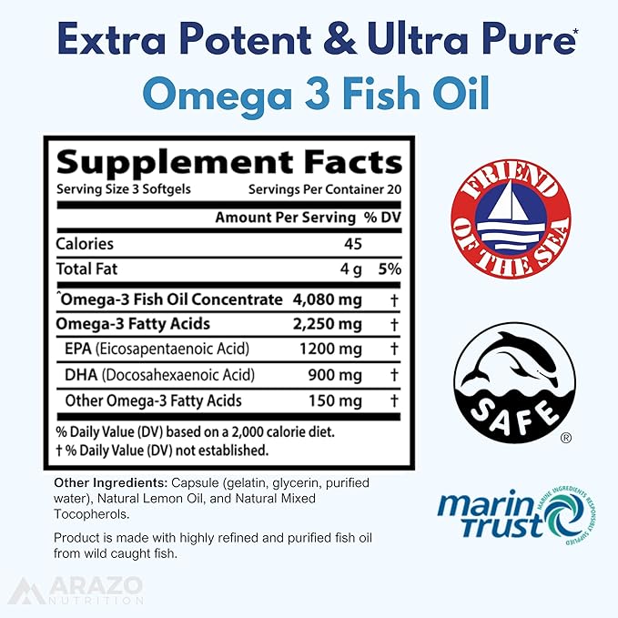 Arazo Nutrition Wild Caught Omega-3 Fish Oil Concentrate – 4080mg per Serving – High EPA 1200mg &amp DHA 900mg – 60 Burpless Lemon Softgels