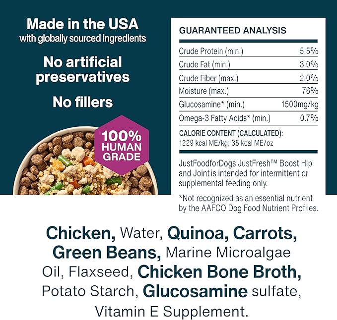 JustFoodForDogs JustFresh Boosts Hip &amp Joint Support Dog Food Toppers with Glucosamine to Support Hip Mobility &amp Joint Flexibility Human-Grade Fresh Pet Meal Booster 8 oz Pouches - 8 Pack