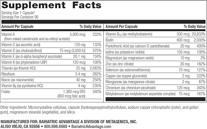 Bariatric Advantage Ultra Solo Without Iron - Once-Per-Day Daily Multivitamin - for Bariatric Patients - with Thiamin Vitamin A &amp More - Gluten Free - 90 Capsules