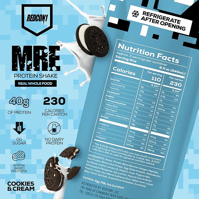 REDCON1 MRE Ready to Drink Protein Shakes Cookies &amp Cream - Lactose + Whey Free RTD Protein Made with Real Whole Food Protein Blends - Keto-Friendly and Easy to Digest Nutritional Shake (12 Pack)