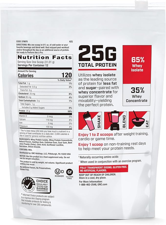 GNC Pro Performance 100% Whey Protein Powder 2.0 Fast Absorbing for Muscle Strength and Recovery Strawberry 12 Servings