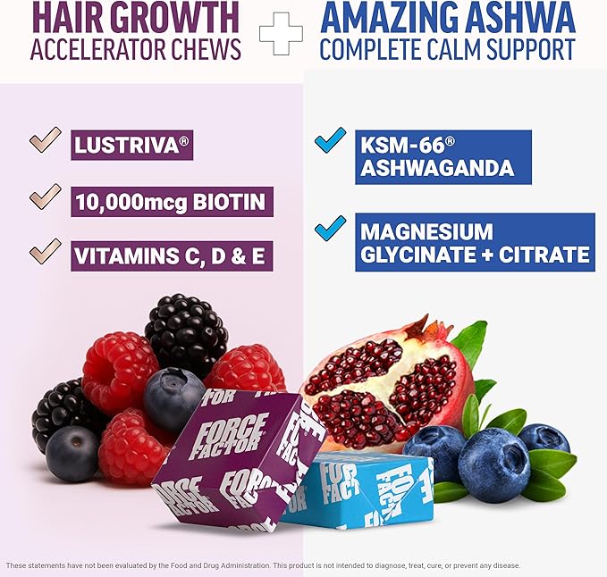 FORCE FACTOR Hair Growth Accelerator Soft Chews Lustriva &amp Biotin to Promote Thicker Stronger Fuller Hair Hair Growth Vitamins for Women + Amazing Ashwa Complete Calm with KSM-66 Ashwagandha