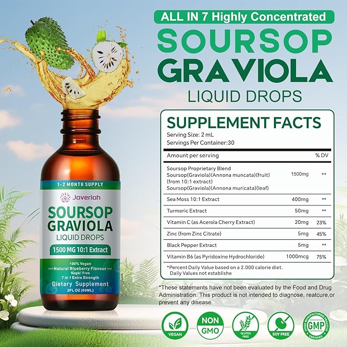 Soursop Bitters Liquid Drops Supplement with Irish Sea Moss &amp Turmeric for Cellular Support Immune System Boost Liver Health Soursop Graviola Liquid Leaves Extract 2 Month Supply 60ML