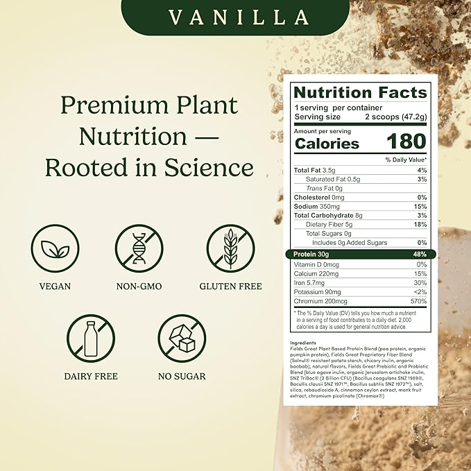Field's Great Plant-Based Protein with Fiber for Muscle Maintenance Vegan Protein Powder Whey Free Gluten Free Dairy Free - 30g of Protein and 5g Fiber in Each Serving (Vanilla -4 Pack)