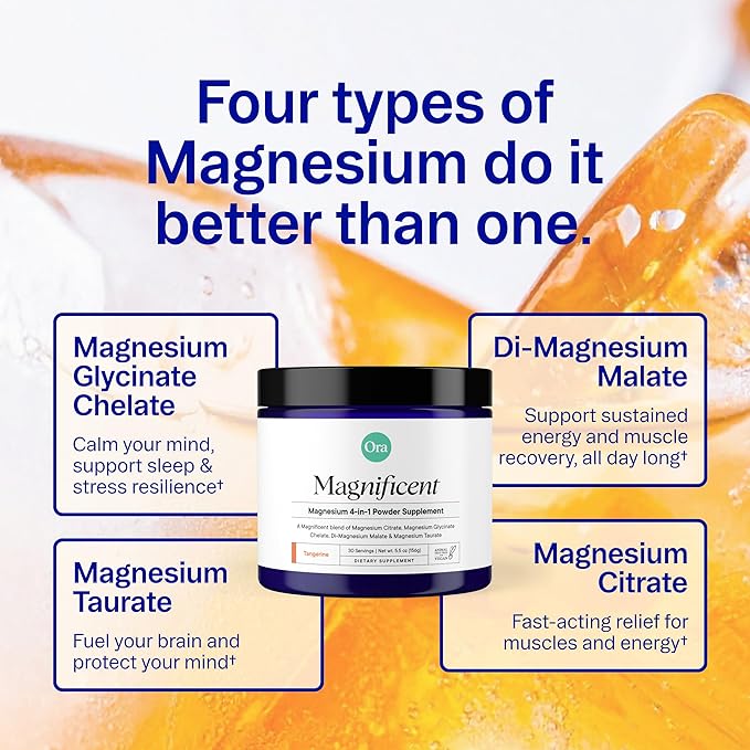Ora Organic Magnesium Complex Powder Supplement - 4-in-1 Magnesium: Glycinate Taurate Malate &amp Citrate | Vegan Gluten-Free | Tangerine Flavor | Calm Support for Sleep Stress &amp Muscles | 30